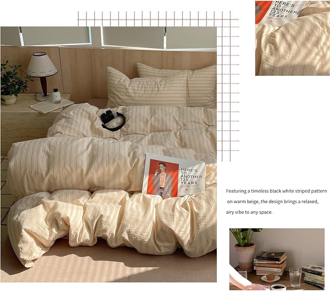 mixinni Retro Striped Duvet Cover Set King Size - 100% Washed Cotton Beige Duvet Cover with Black White Stripes, Soft Breathable 3 Piece Comforter Cover with Zipper Closure & Corner Ties