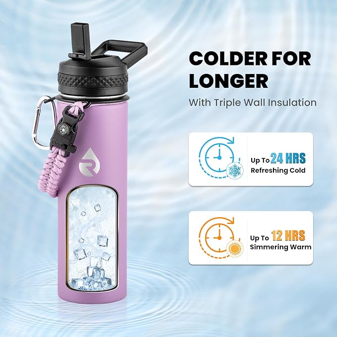 RAYMYLO Insulated Water Bottle 20 oz, Triple Wall Vacuum Stainless Steel (Cold for 24Hrs, Hot for 12Hrs), Leak Proof & Non-BPA, Modern Water Bottle Jug for School with Straw Spout Lids
