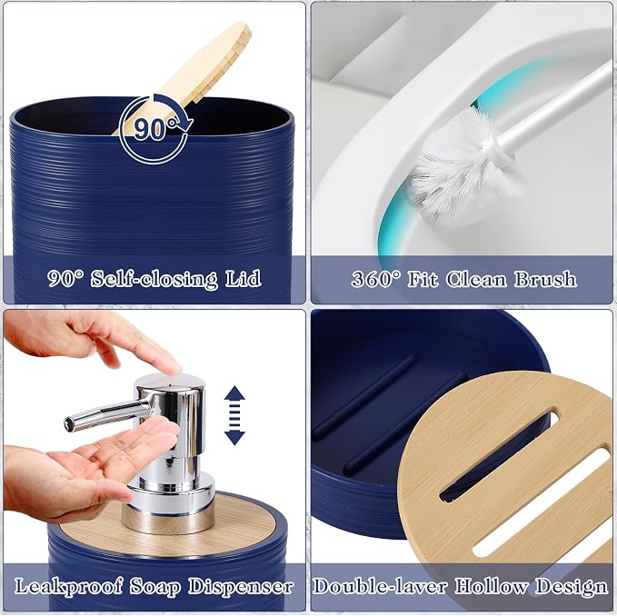 XLHOMO Bathroom Set - Navy Blue Bathroom Accessories Set, Bathroom Sets with Shower Curtain and Rugs, 25PC Shower Curtain Set with Hooks, Soap Dispenser, Soap Dish, Toilet Brush Holder and Trash Can