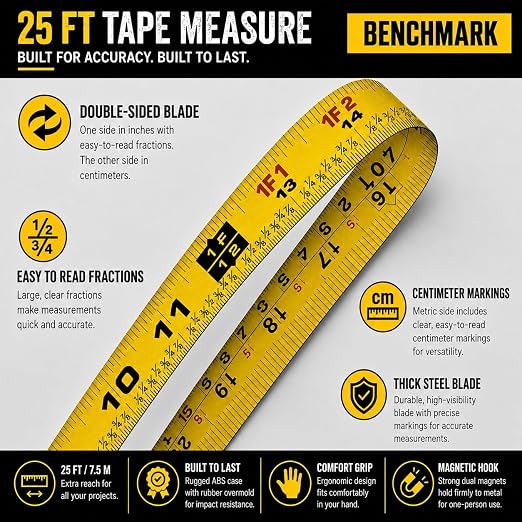 3 Pack - Tape Measures 25 ft / 7.5m – Dual Sided Blade with Easy Read Fractions to 1/8th inch Plus Centimeters on Back Side - Magnetic Tip - Thumb Lock - Belt Clip – Retractable Measuring Tape