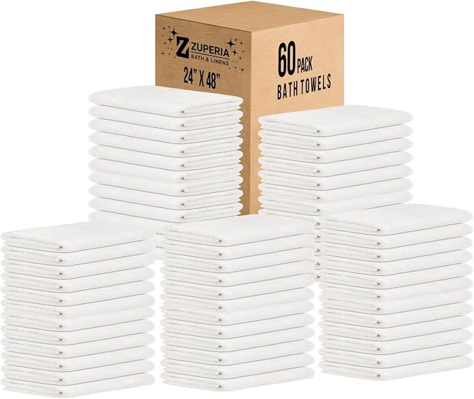 ZUPERIA White Bath Towels Bulk 60 Pack (24 x 48 Inches) - 100% Cotton Economy Light Weight Towels for Commercial Use - Quick Dry, Ultra-Soft, and Absorbent Bulk Towels