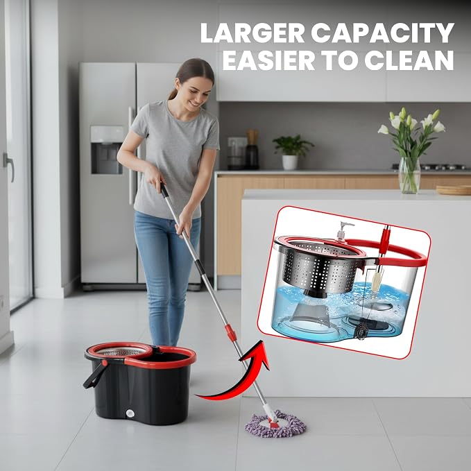 Spin Mop & Bucket Set with 2 Microfiber Mop Heads – Durable Stainless Steel & ABS Build – Black Red, Blue, Purple Colors – Bucket with 90–120cm Telescopic Handle