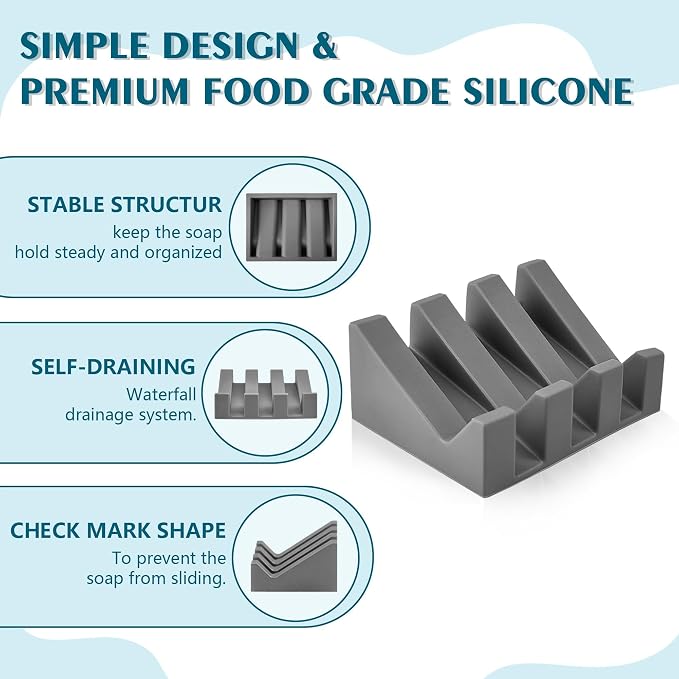 Self Draining Soap Dish Holder,Silicone Soap Dish,for Bathroom,Kitchen, Sponges，Can Extend Soap Life，Keep Soap Bars Dry and Easy Cleaning (Grey,4-Pack)