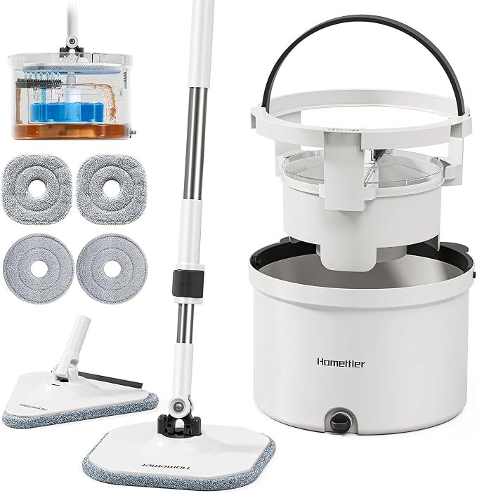 HoMettler Mop and Bucket Set, Dual-Tank Clean/Dirty Water Separation, with Triangular Head & 4 Microfiber Pads for Deep-Cleaning Floors, Versatile Mops for Walls