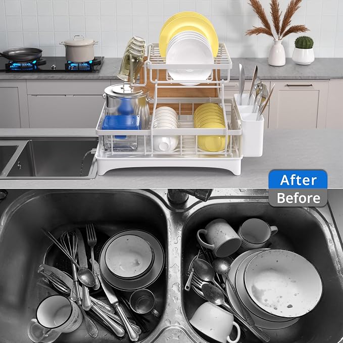 Godboat 2-Tier Dish Drying Rack - Dish Rack with Auto Drain-to-Sink & Mat | Dish Racks for Kitchen Counter, Dish Drainer with Knife Fork & Cup Rack, Gifts for Women, Mothers Day, Kitchen Gadgets, White