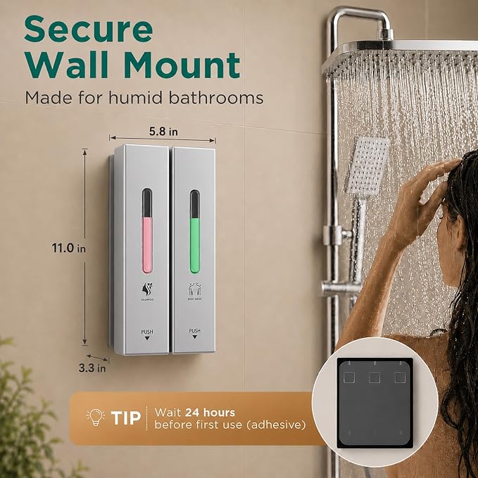 Shampoo and Conditioner Dispenser Wall Mounted, 3-Chamber Shower Soap Dispenser for Bathroom, 1200ML Large Capacity, No-Drill Installation, Clog-Free Pump for Thick Liquids (silver-2-pack)