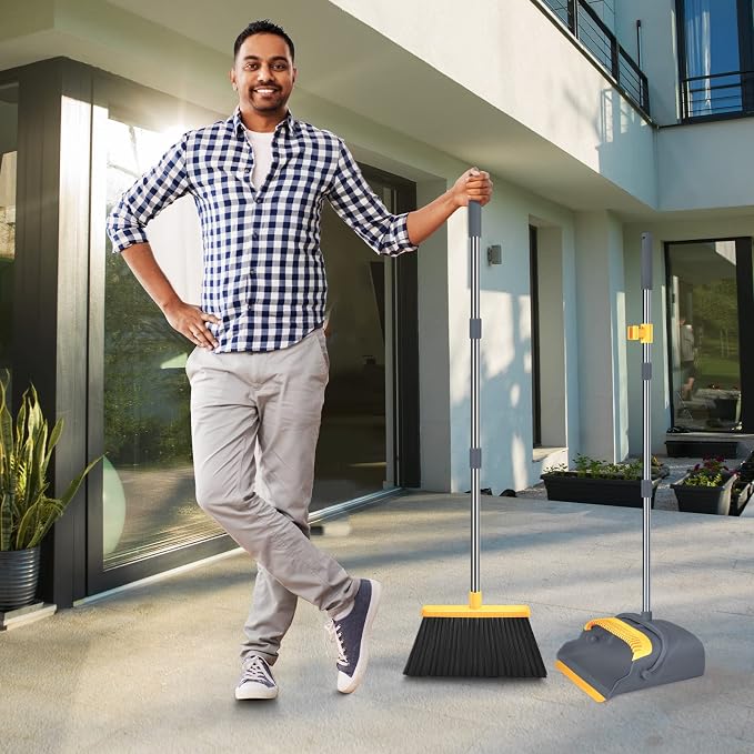 Upgrade Broom and Dustpan Set, Broom with Dustpan Combo Set, Self-Cleaning with Dustpan Teeth, Indoor&Outdoor Sweeping, Stand Up Broom and Dustpan (Gray&Yellow)