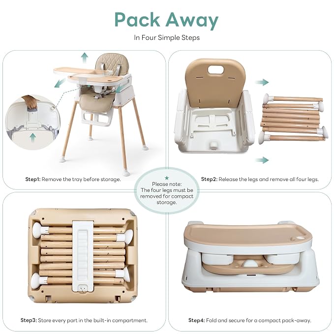 Baby High Chair for Babies and Toddlers, 3-in-1 Convertible Highchair with Built-in Leg Storage, Compact Pack-Away Design, Baby Eating Feeding Chair, Silla De Comer para Bebe, Beige