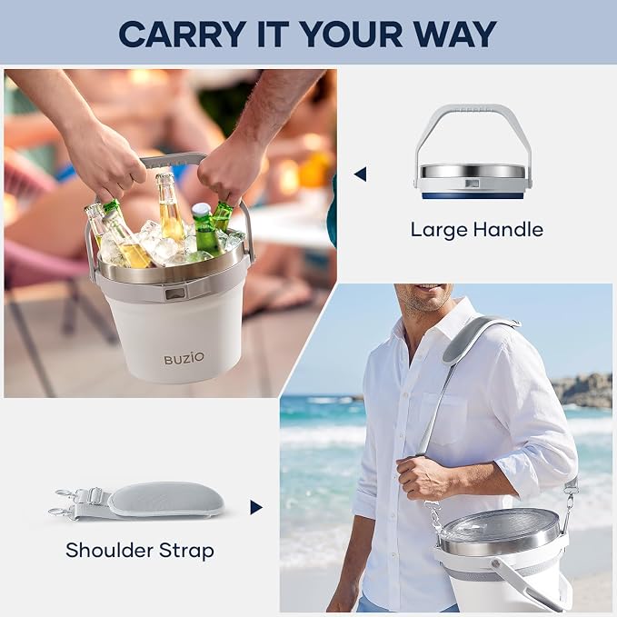 BUZIO 7 L Ice Bucket with Lid Scoop & Tongs & Adjustable Shoulder Strap | Double Wall Vacuum Insulated Stainless Steel Large Beverage Buckets, 48 Hrs Cold Retention for Parties, for Cocktail Bar