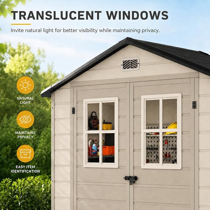 DWVO 6x4.4 FT Outdoor Storage Shed, Plastic Garden Tool Shed with 2 Windows, Double-Wall Resin Storage Shed for Lawn Mower, Garden Shed for Backyard Patio, Lockable, Greige&Gray
