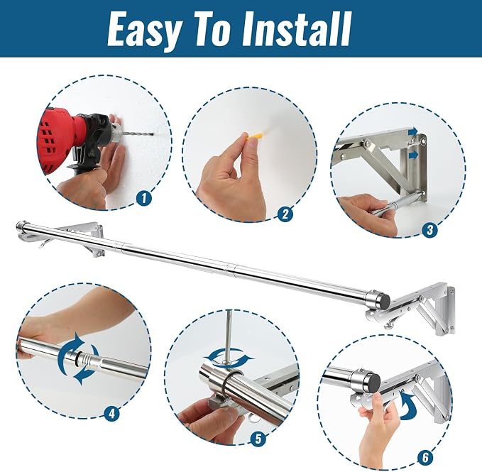 TBMLC Foldable Wall Mounted Clothes Rack- 44'' Long Rod & 2 Thick Bases | Stainless Steel,Multi-Purpose for Space-Saving Garment Rack/Clothes Drying Rack/Clothes Hanger,Detachable Top Shelf Reserved