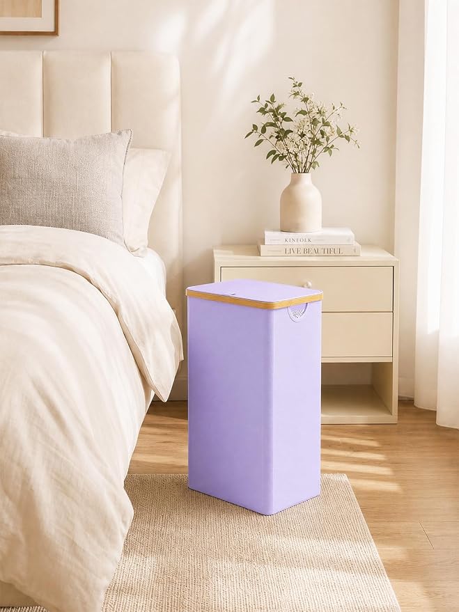 iEGrow Laundry Hamper with Lid, 110L Large Laundry Basket with Removable Bag, Clothes Basket Hamper with Bamboo Frame for Clothes Towels Organizer- Purple