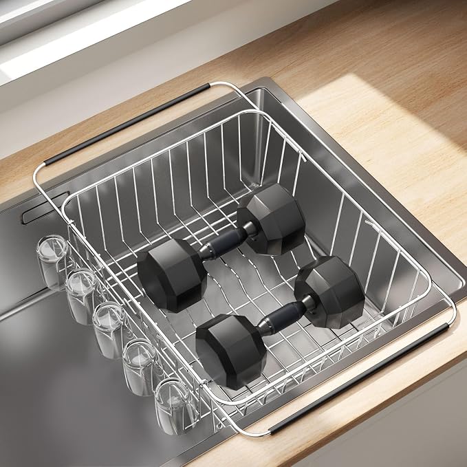 Small Dish Drying Rack in Sink, Extendable Stainless Steel Dish Drainers for Kitchen Counter, Anti-Rust Dish Dryer Rack with Utensil & Cup Holders, for Inside Sink, Over The Sink(for 1-2 People)