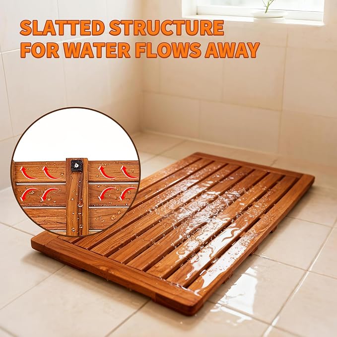 Utoplike Teak Bath Mat, Large Wood Shower Mats for Bathroom, 31.7 x17.9 in | with Non Slip Pads, Sturdy Solid Wooden, Floor Mat for Indoor Spa, Outdoor Inside Shower