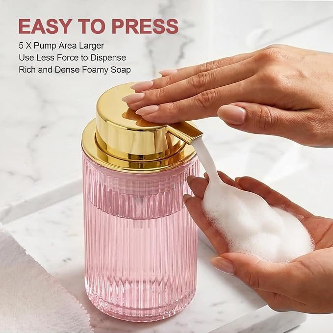 KASUNTING Pink Glass Foaming Soap Dispenser, Ribbed Foam Hand Soap Dispenser for Bathroom, 11 Fl Oz Refillable Foaming Pump Bottle with Black Pump, Modern Dish Soap Foam Dispenser