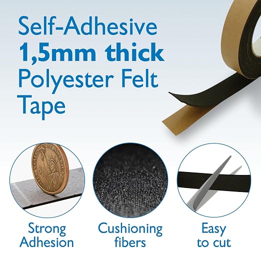 FindTape Polyester 1.5mm Felt Tape – 1 in. x 50 ft. Felt Strips with Adhesive Backing and Furniture Strips, Great for Arts and Crafts, Classrooms, and Protecting Furniture (Black)