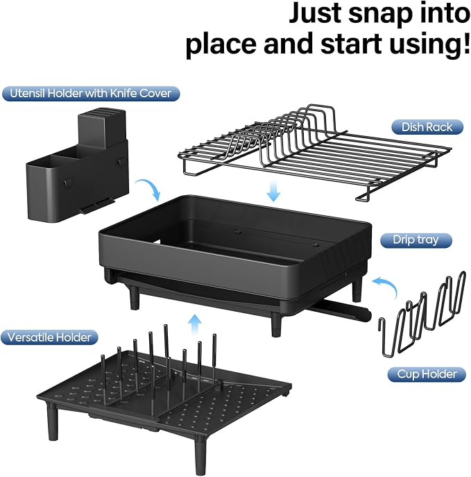 Urackify Expandable Dish Drying Rack, Stainless Steel, Large Capacity | Multifunctional Drainboard for Kitchen Countertop, Removable Cutlery Tray, Foldable Cup Holder, 20.4"L x 20"W, Black