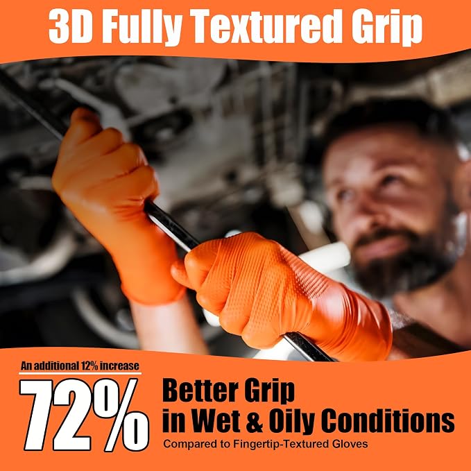 TREEGO Orange 10 Mil Diamond Grip Nitrile Gloves Case, XL, 1000 Count | Latex Free, Heavy Duty Grip for Fleet Maintenance, Heavy Equipment, Utility Service & Outdoor Operations