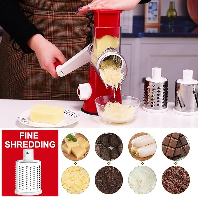 Cambom Rotary Cheese Grater Hand Crank Cheese Shredder for Fresh Cheese, Vegetable, Nuts,Non-slip Suction Base，Three Blades,Red