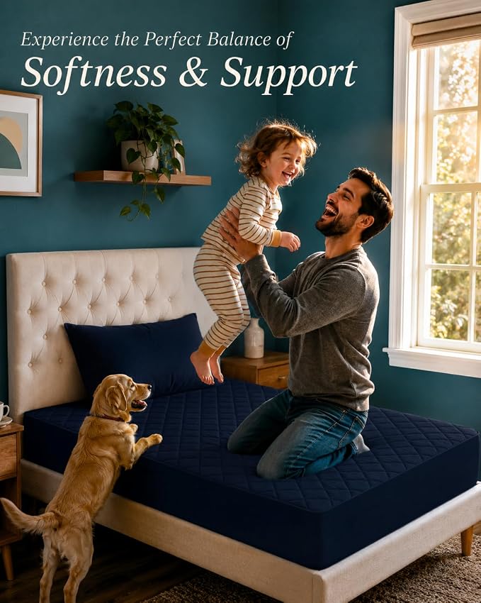 Quilted Fitted Mattress Pad, Twin Mattress Protector Topper with Deep Pocket Stretches up to 16 Inches, Machine Washable Mattress Cover by Utopia Bedding (Navy)