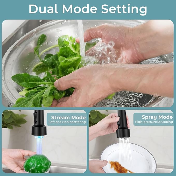 Kitchen Faucet with LED Pull Down Sprayer Matte Black | 2-mode sprayer, 360° high arc spout, 304 SS build, drip-free valve, fingerprint-resistant, DIY install, 500K cycle tested
