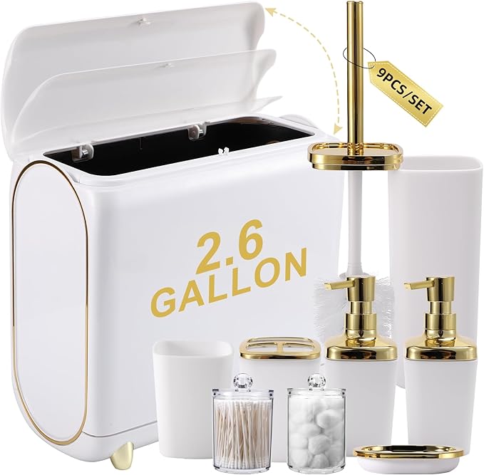 XLHOMO Bathroom Accessories Set, 9 Pieces White Bathroom Set, Bathroom Accessory Set with Slim Trash Can,Soap Dispenser,Toilet Brush,Toothbrush Set, Qtip Holders for Housewarming