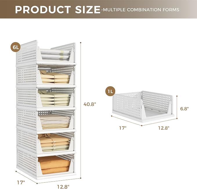 Pinkpum 6 Pack Closet Organizers Storage Bins, Stackable Plastic Drawer Basket for Clothing, Stackable Storage Bins Shelf Storage Container for Closet Wardrobe Bedroom Bathroom Office White