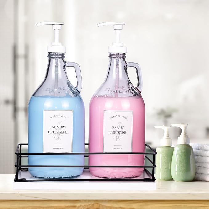 2 Pcs Glass Liquid Laundry Detergent Dispenser, Half Gallon Dispenser for Laundry Room (64 oz. Each), Laundry Detergent Bottles with Pump Dispenser -Includes Labels, Measuring Cups,Wooden Stand
