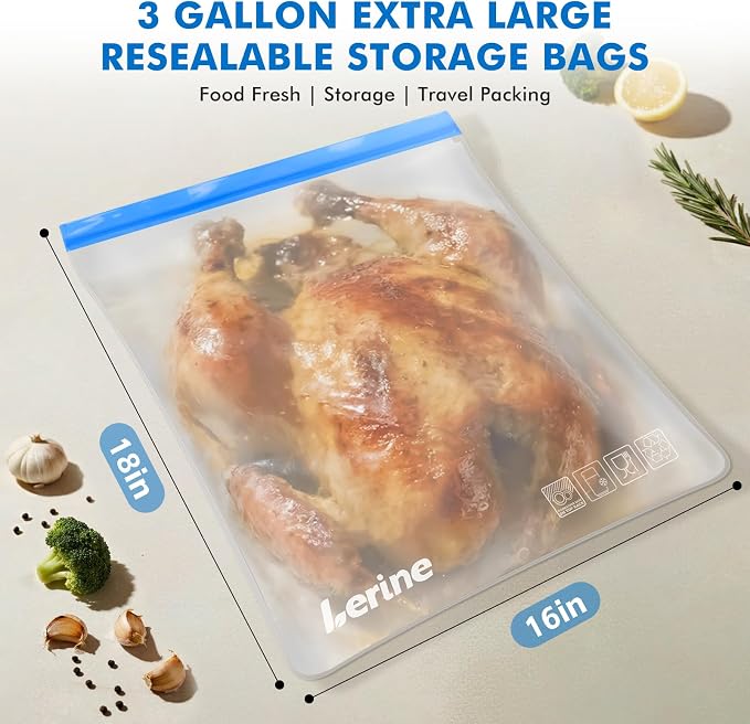 Lerine 4 Pack Dishwasher Safe Reusable 3 Gallon Freezer Bags for Marinating | Leakproof, 16"x18", BPA-Free, Food-Grade Material, Food Storage, for Turkey Brining, Meal Prep and Home Organization