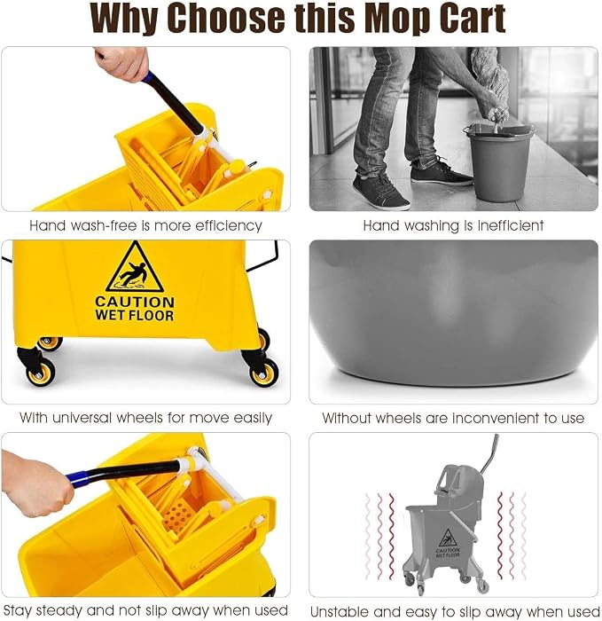 Mop Bucket, Commercial Bucket for Mopping on Wheels with Potable Handle, Mop Bucket with Wringer for Home, Household, Office, Bathroom, Yellow (21 Quarts)