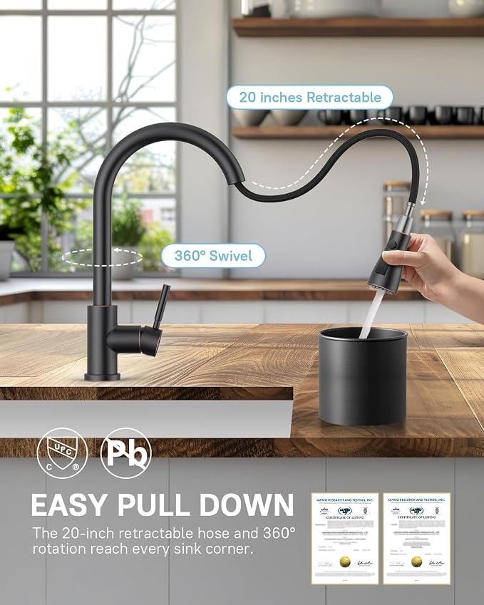 WEWE Kitchen Faucet with Pull Down Sprayer and Soap Dispenser, Oil Rubbed Bronze High Arc Single Handle Stainless Steel Sink Faucet, Suitable for Farmhouse, RV & Laundry