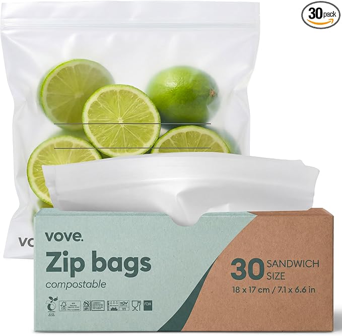Vove Compostable Sandwich Bags 30 Ct, Plastic-Free Lunch Bags for Kids and Adults, PFAS-Free and BPI Certified, Freezer Safe Airtight Seal for Sandwiches and Meal Prep, Plant-Based