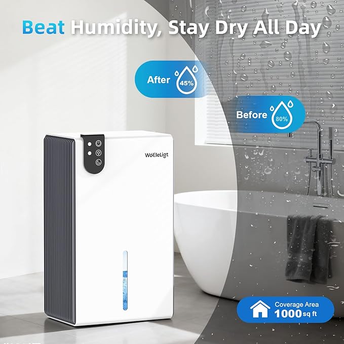 98 OZ Small Dehumidifier for Home 1000 Sq Ft, Quiet Dehumidifier with Drain Hose, Auto Shut-Off, Sleep Mode, 7-Color Light for Basement, Bedroom, Bathroom, Closet, RV (Grey White)