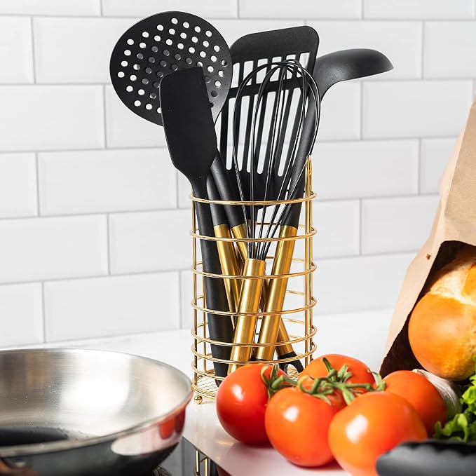 Black and Gold Kitchen Utensils Set with Stainless Steel Holder – 18-Piece Nylon Cooking Utensils with Measuring Cups and Spoons – Stylish Gold Kitchen Accessories for Baking and Cooking