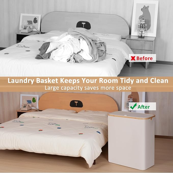 iEGrow 150L Laundry Basket with Lid, Large Laundry Hamper with Bamboo Handle, Collapsible Dirty Clothes Hamper Organizer with 2 Removable Inner Bags for Clothes Towels - Beige