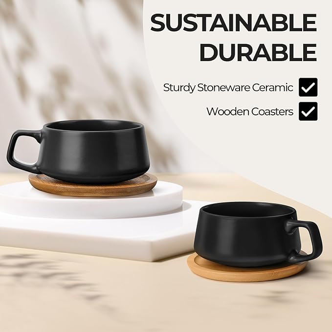 MIAMIO - Cappuccino Cup Set of 4, Ceramic (11oz), Wide - Luxe (Black) | Ceramic cappuccino cups and saucers, wide latte cups and mugs for Americano, 4-piece set of ceramic cups, dishwasher safe