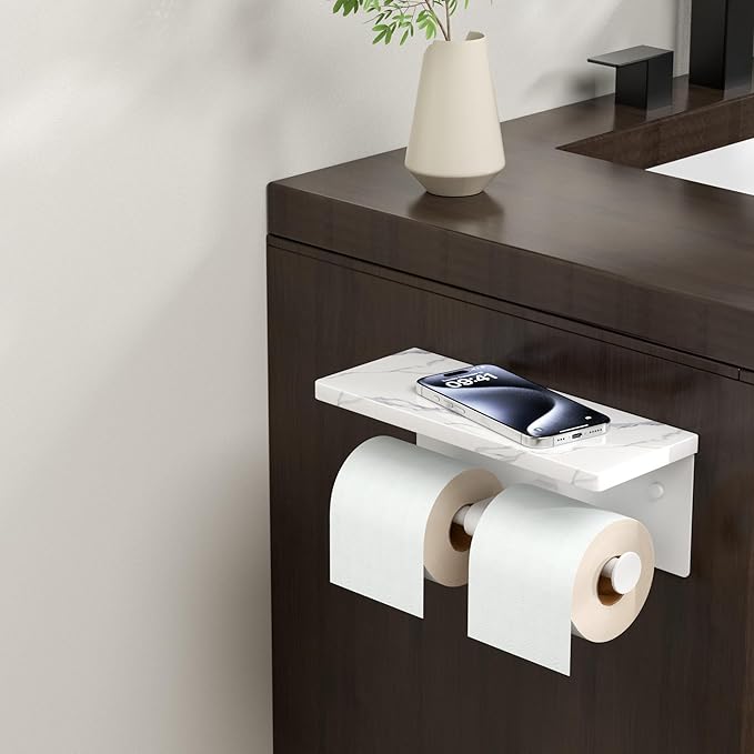 FORIOUS Toilet Paper Holder with Shelf, Marble Wall Mount Tissue Roll Holder for Bathroom, Washroom, 304 Stainless Steel Double Commercial Toilet Tissue Dispensers with Phone Shelf, White