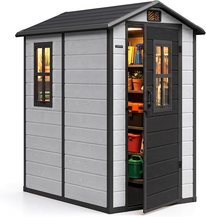 DWVO Outdoor Storage Shed 4.4×6FT, Plastic Garden Shed with 2 Windows | Resin Outdoor Tool Shed with Floor, Door Handle & Lock, Vents for Backyard Patio, Stores Bike Garden Tools, Gray & Black