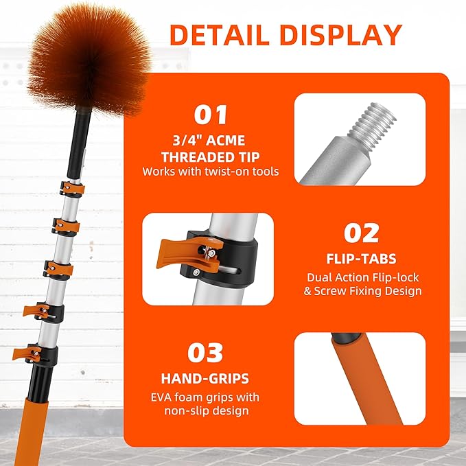 18 FT Cobweb Duster with 3-12 FT Telescoping Pole, Dual Action Flip-Lock & Screw Fixing Design, Washable Reusable Duster for High Ceilings, Fans & Home Cleaning