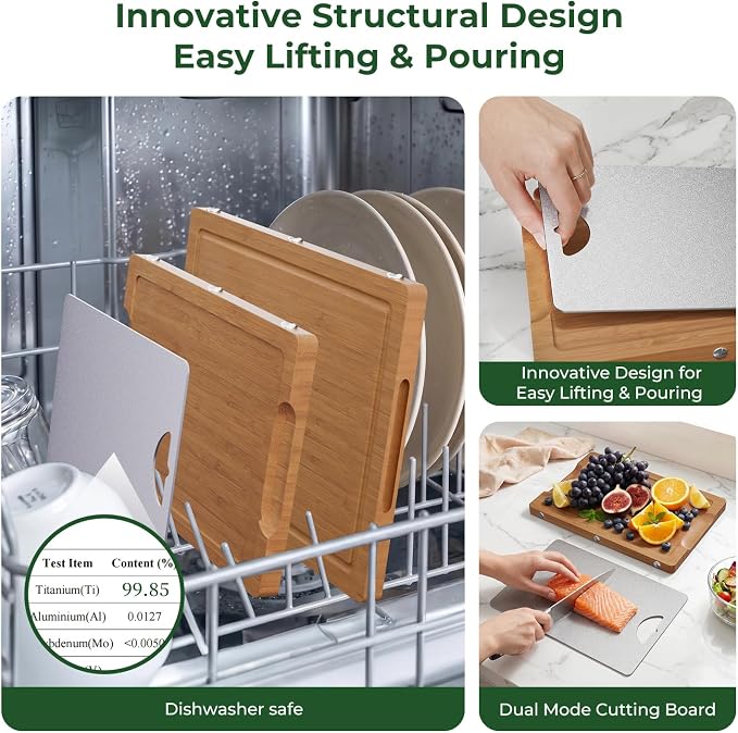 Formaldehyde Free, Glue Free, Bamboo Pure Titanium Cutting Board Set | 6 Usable Sides, Juice Grooves, Non-Slip & Scratch Resistant, Knife-Friendly, Dishwasher Safe, Warp Resistant, Kitchen Gifts
