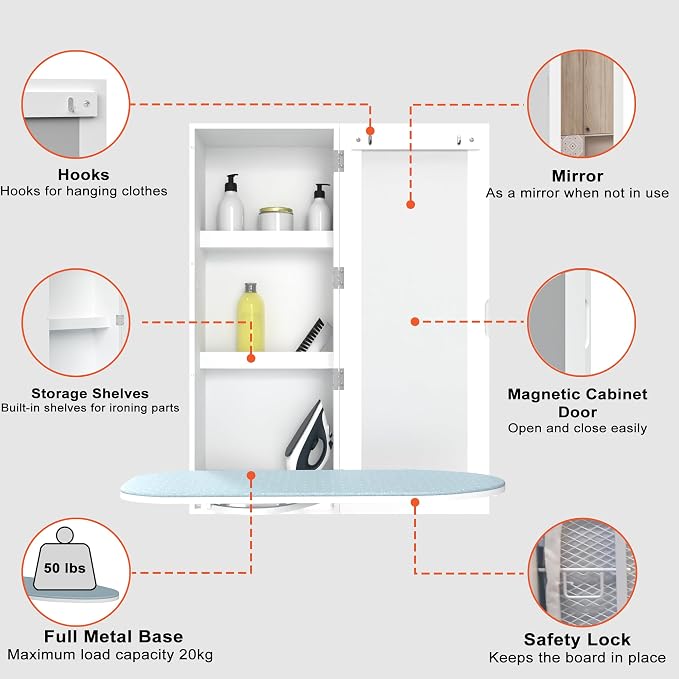 180° Swivel Wall Mount Ironing Board Cabinet with Storage,White | Mirrored Door|3-Tier Storage Shelves|15 Minutes to Installs|2 Clothes Hooks|Space-Saving
