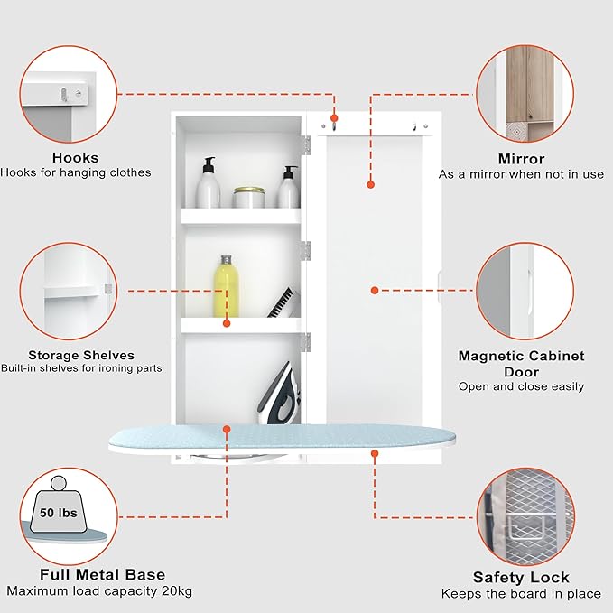 180° Swivel Wall Mount Ironing Board Cabinet with Storage,White | Mirrored Door|3-Tier Storage Shelves|15 Minutes to Installs|2 Clothes Hooks|Space-Saving
