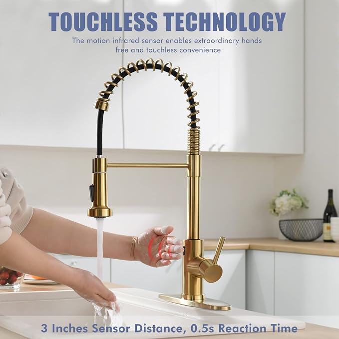GIMILI Gold Touchless Faucet with Pull Down Sprayer, Motion Sensor Smart Activated Single Hole Spring Faucet for Kitchen Sink