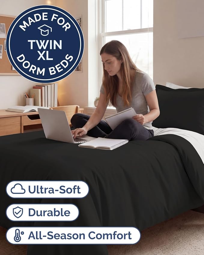 Duvet Cover Twin/Twin XL Size Set - Extra Soft Twin/Twin XL Duvet Cover 68" x 90" with 1 Pillow Sham for Women, Men, Kids & Teens - Comfy, Easy-Care & Fade Free with Zipper Closures and Ties (Black)