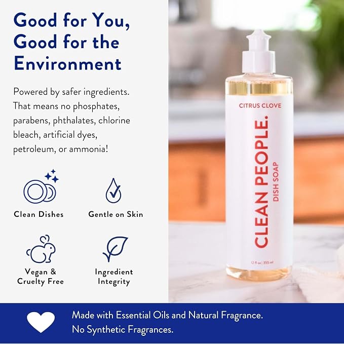 THE CLEAN PEOPLE Liquid Dish Soap - Clean, Simple Ingredients - Extra Scrubbing Power (Citrus Clove Scent) 12 fl. oz (6 Pack)