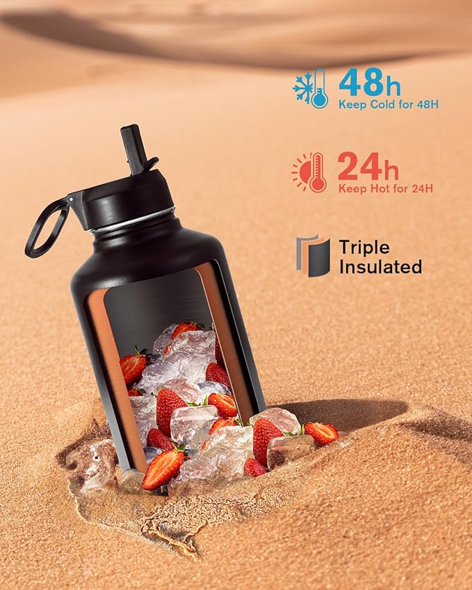 Half Gallon Insulated Water Bottle with Straw & 3 Lids, Coolflask 64 oz Water Jug Large Metal Stainless Steel Wide Mouth for Sports, Gym or Office, Non-BPA Keep Cold 48H Hot 24H, Piano Night