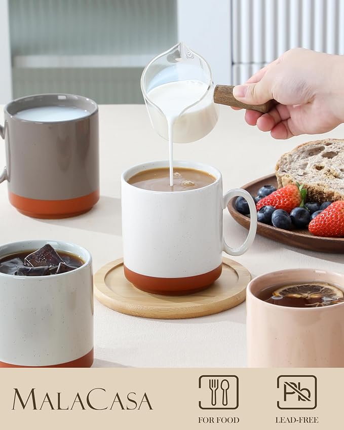 MALACASA 12oz Ceramic Coffee Mugs Set of 4, Stackable Coffee Cups with Straight-Sided Design, Mugs for Coffee, Latte, Tea, Hot Chocolate, Cappuccino and Cocoa, Microwave & Dishwasher Safe, Multicolor