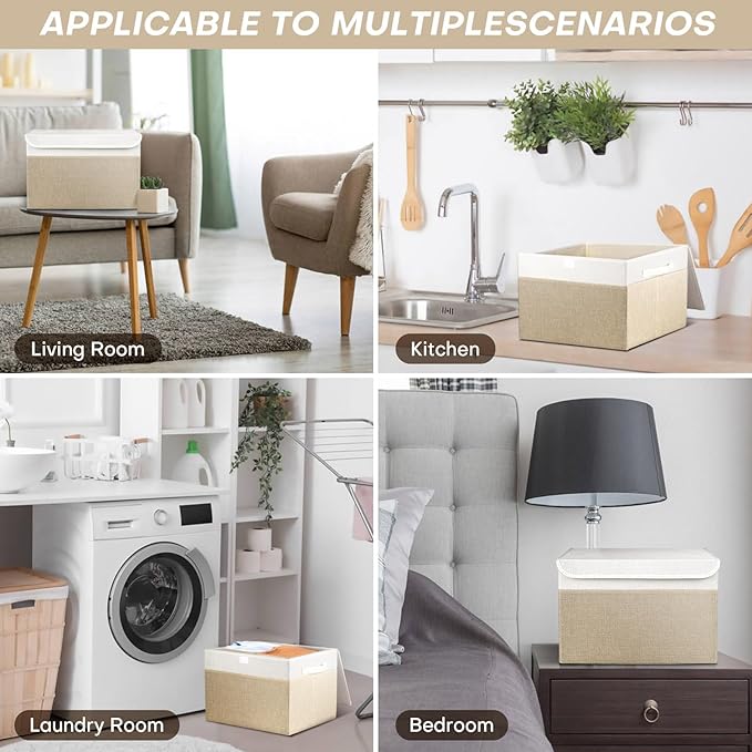 Bagnizer Large 22 Quart Linen Fabric Foldable Storage Bin Cube Organizer Basket with Flip-Top Lid & Handles, Clothes Blanket Box for Home, Office, Closet, Beige & White, 4 Pack 14.6 x 9.5 x 9.5”