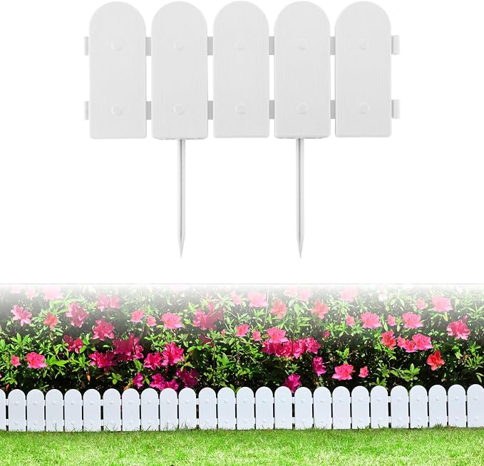 Garden Border Edging: Wooden Fence Design - 16pcs White Yard Landscaping Fence Liner Lawn Edge Barrier - 20ft Kit of Decorative Lawn Landscape Panels Elements-Landscaping Edging-GMT-10374-D16