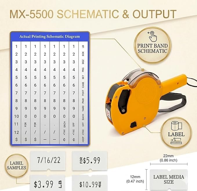 Motex MX-5500NEW Price Tag Gun, 1 Line 8 Digits – Pre-Loaded 1,000 White Labels & Ink, Extra Ink Refill – Easy Label Maker for Retail, Grocery, Garage Sale, Inventory – Yellow